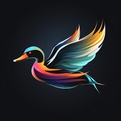 Flying Duck Abstract Vibrant Neon Colorful Logo Design on Isolated Black Background - Graphic Design Element