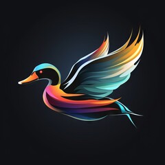 Obraz premium Flying Duck Abstract Vibrant Neon Colorful Logo Design on Isolated Black Background - Graphic Design Element