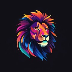 Lion Head Abstract Vibrant Neon Colorful Logo Design on Isolated Black Background - Graphic Design Element