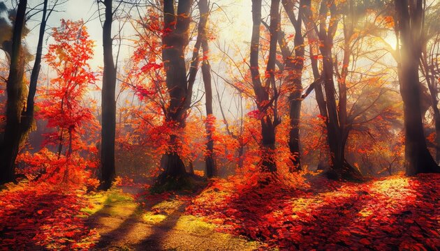 Majestic autumn trees in the forest glow in sunlight. Red autumn leaves. Dramatic morning scene