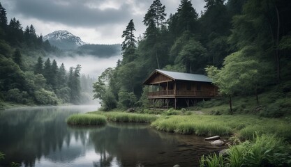 Fototapeta na wymiar a cabin sits on the banks of a river surrounded by trees, green forested hills. Generative AI.