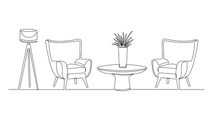Fototapeta premium Continuous single line armchair, plant, floor lamp and table. One line drawing of Living room with modern furniture vector illustration