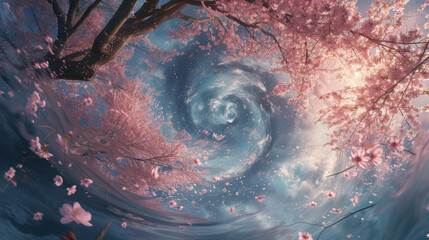 Swirling winds carry swirls of cherry blossoms ushering in the arrival of spring and bidding farewell to the wintery landscape. - obrazy, fototapety, plakaty