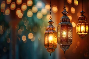 a beautiful arabic cultural background with hanging lantern for ramadan kareem vibe - obrazy, fototapety, plakaty