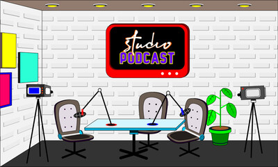 Podcast and broadcast studio room for making content. vector design background