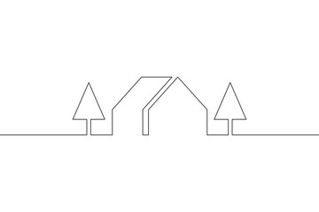 Tree and house. Ecology.Minimal house logo design. Building structure symbol. Construction of houses.One continuous line . Line art. Minimal single line.White background. One line drawing.