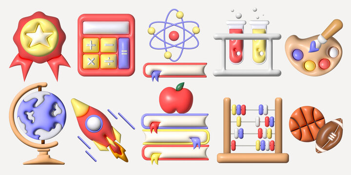 3d education set, symbol for back to school. 3d cartoon minimal illustration