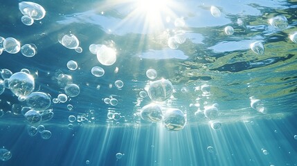 Underwater view background with air bubbles and sunlight. natural water concept. - obrazy, fototapety, plakaty
