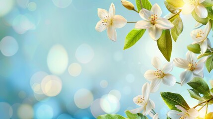 Delicate white jasmine petals floating down against a serene blue sky, falling flower petals,...