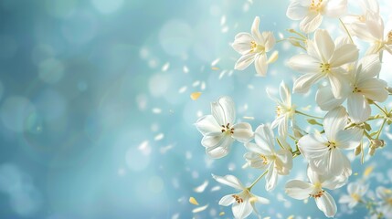 Delicate white jasmine petals floating down against a serene blue sky, falling flower petals, Valentine's Day, dynamic and dramatic compositions, with copy space