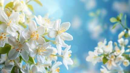 Delicate white jasmine petals floating down against a serene blue sky, falling flower petals,...