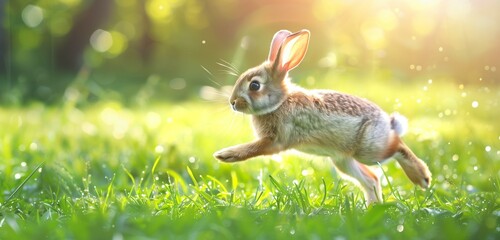An exuberant Easter bunny joyfully hastening towards the festive season, the delightful scene captured in high definition with vivid colors and laughter.