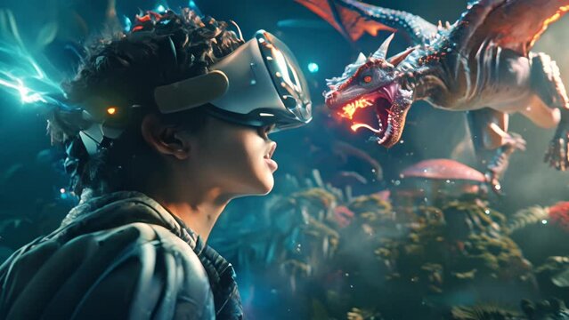Virtual Reality Gaming Experience with Dragons with AI generated.
 