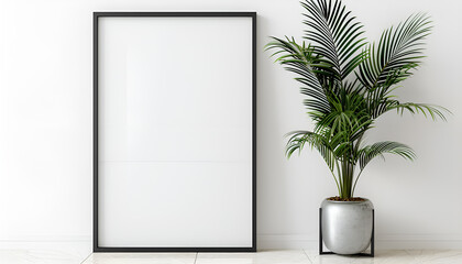 frame mockup with plant in vase on white wall 