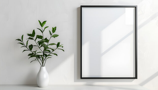 frame mockup with plant in vase on white wall 