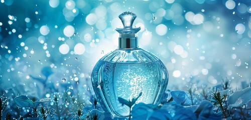An exquisite fragrance bottle showcased against a vibrant blue backdrop, adorned with water droplets that enhance the visual appeal, presenting a sophisticated canvas for a logo and stylish inscriptio