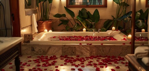 A luxurious bathtub filled with rose petals, surrounded by softly glowing candles on a sleek bathroom floor, creating an ambiance of romance and relaxation