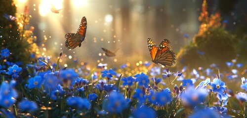 A vibrant summer meadow adorned with enchanting blue forget-me-not flowers, their delicate beauty captured in crisp detail, accompanied by two gracefully flying butterflies.