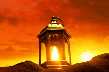 Shiny arabic lantern on top rock mountain at beautiful sunset sky with cloud, Ramadan kareem background - 739692024