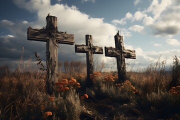 Tres cruces de madera vieja en un paraje abandonado lleno de hierbas silvestres bajo un cielo azul con nubes - obrazy, fototapety, plakaty