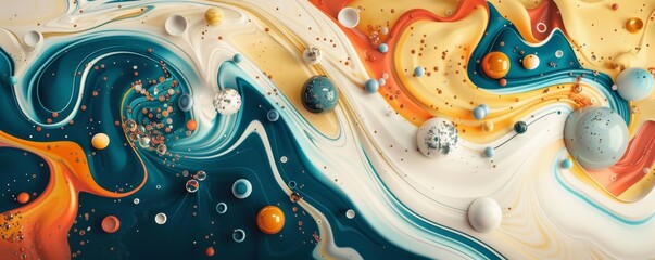 Abstract coffee galaxy with 3D waves cartoon astronaut animals cool tones and sharp contrasts