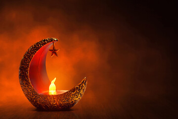 Golden crescent moon with star lantern on wooden floor at dark night with smoke, Ramadan kareem background - 739692297