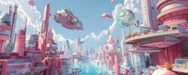 Retro future pixel city pastel colors animals in flying cars