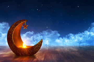 Shiny golden crescent moon with star lantern on wooden floor at beautiful blue night sky with cloud, Ramadan kareem background - 739692699