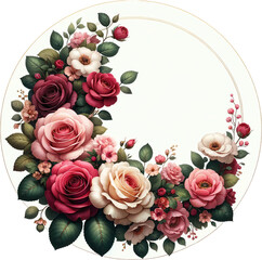 Romantic Roses Circular Floral Frame isolated on solid white background