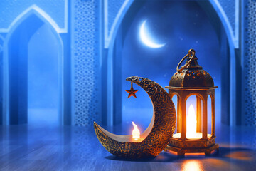 Shiny golden crescent moon with star lantern and arabic lantern in the mosque door arch at beautiful blue night sky, Ramadan kareem background - 739692853