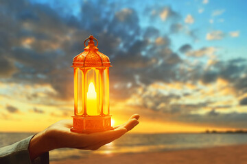 Hands of young asian muslim man holding shiny arabic lantern on sea beach at beautiful sunset sky with cloud - 739693000