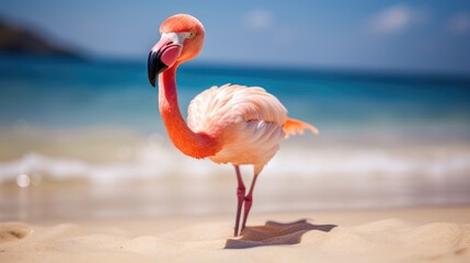 Experience the intensity of an flamingo leaping onto the beach in a stunning close-up photo, Ai Generated.