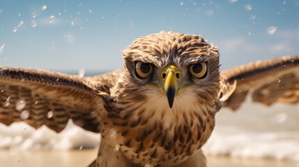 Experience the intensity of an hawk leaping onto the beach in a stunning close-up photo, Ai Generated.