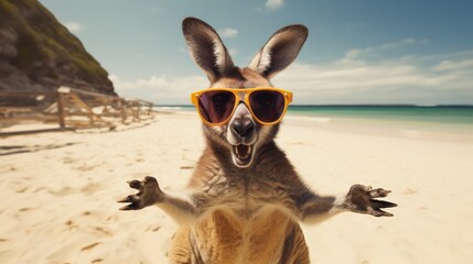 Experience the intensity of an kangaroo leaping onto the beach in a stunning close-up photo, Ai Generated.