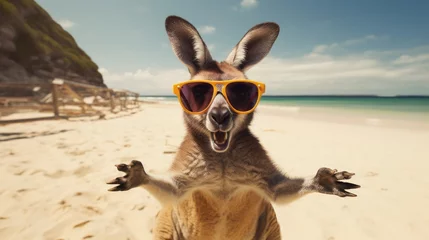 Muurstickers Experience the intensity of an kangaroo leaping onto the beach in a stunning close-up photo, Ai Generated. © Crazy Juke