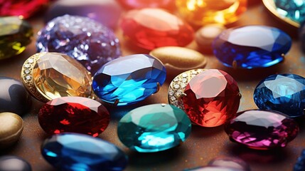 Obraz na płótnie Canvas Dazzling gemstones arranged on a reflective surface create a kaleidoscope of vibrant hues. Ai Generated.