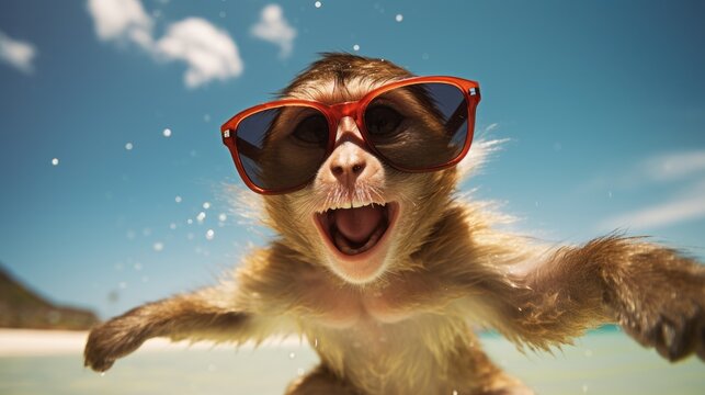 Experience the intensity of an monkey leaping onto the beach in a stunning close-up photo, Ai Generated.