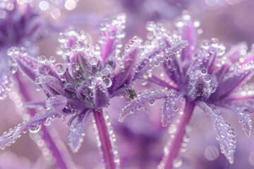 Close-up view of plants covered in sparkling dewdrops