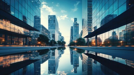  Skyscrapers and business office buildings casting reflections in their glass facades. Ai Generated