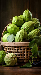 Rustic Wooden Basket Overflowing with Ripe Feijoas Against Colorful Backdrop