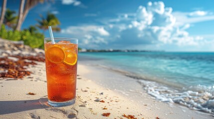 Obraz premium Cool summer cocktail on a sandy beach, sea view. Space for text, Ai Generated.