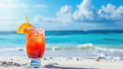 Obraz premium Cool summer cocktail on white beach, sea view, space for text, Ai Generated.