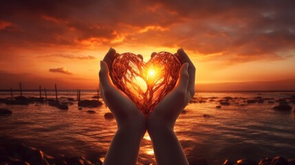 Hands forming a heart shape cradle the beauty of a sunset within their grasp. Ai Generated