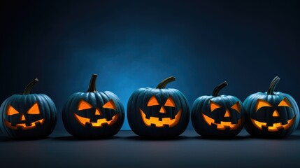 Scary Halloween pumpkins evoke a haunting ambiance against a dark blue background. Ai Generated