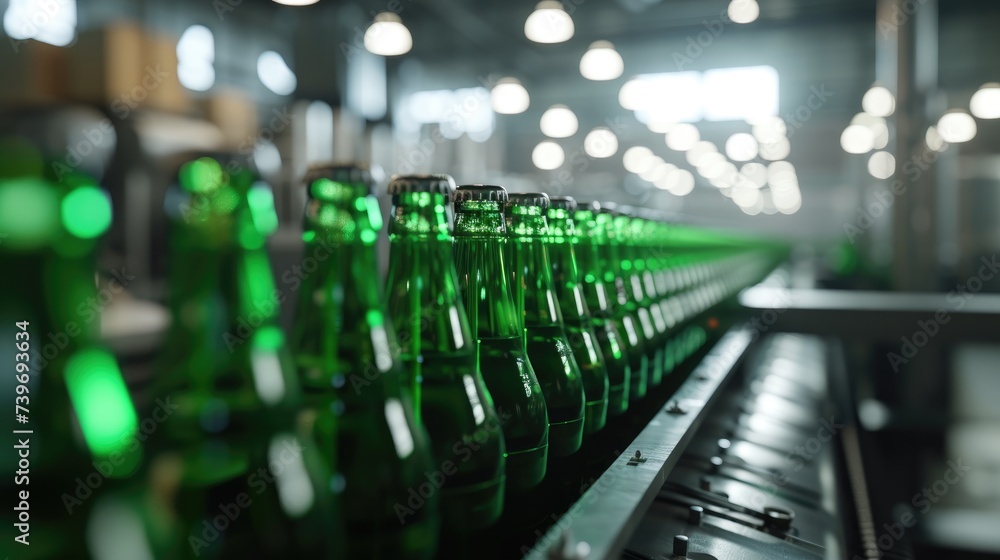 Poster array of green beer bottles moving along a production line, embodying the process of brewing excelle