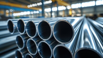  Galvanized steel pipes stacked in orderly rows within a warehouse, showcasing strength. Ai Generated.