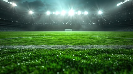 Vibrant green soccer field illuminated by bright spotlights, setting the stage for thrilling matches under the night sky. Ai Generated.