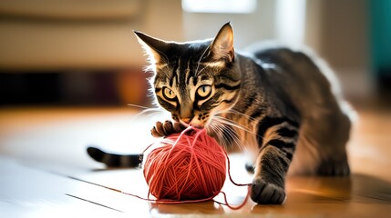 A playful cat pawing at a ball of yarn on a hardwood floor, its large eyes focused intently on the...