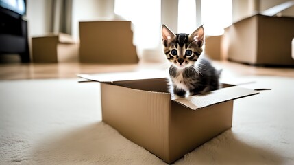 A curious kitten investigating a cardboard box in the middle of a living room, its large eyes filled with curiosity.