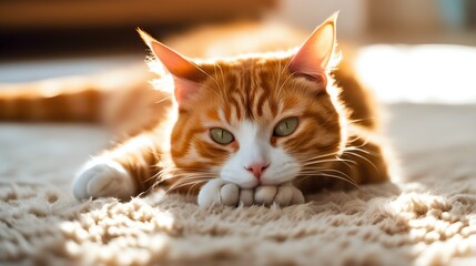 A ginger cat stretching lazily on a plush carpet, its wide eyes blinking sleepily in the afternoon sunlight.